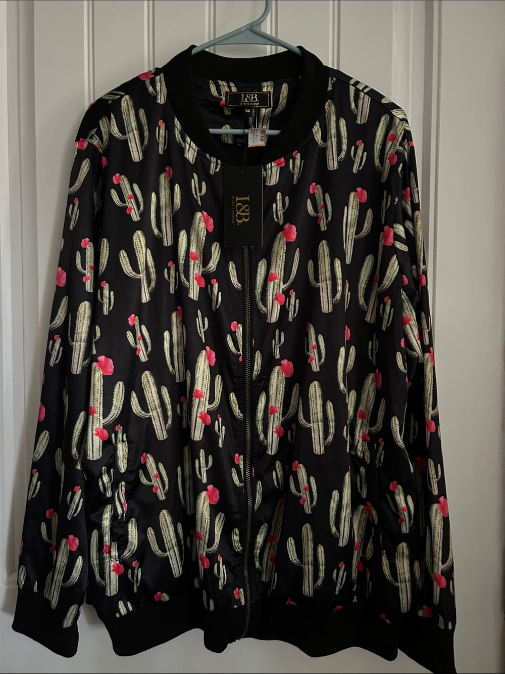 L&B Black Bomber Jacket with Cream Cactus and Pink Blossoms